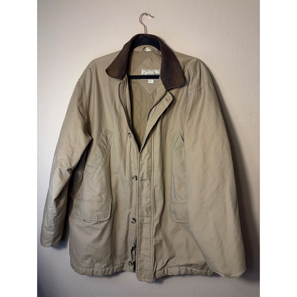 Vintage Fieldmaster Mens XL Tan Barn Chore Coat Leather Collar Quilted Lined